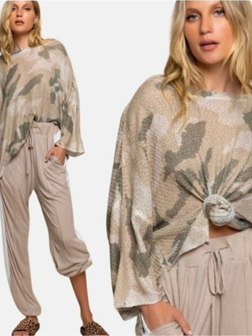 POL Beige and Olive Camo Knit Crewneck Sweater Sz. L